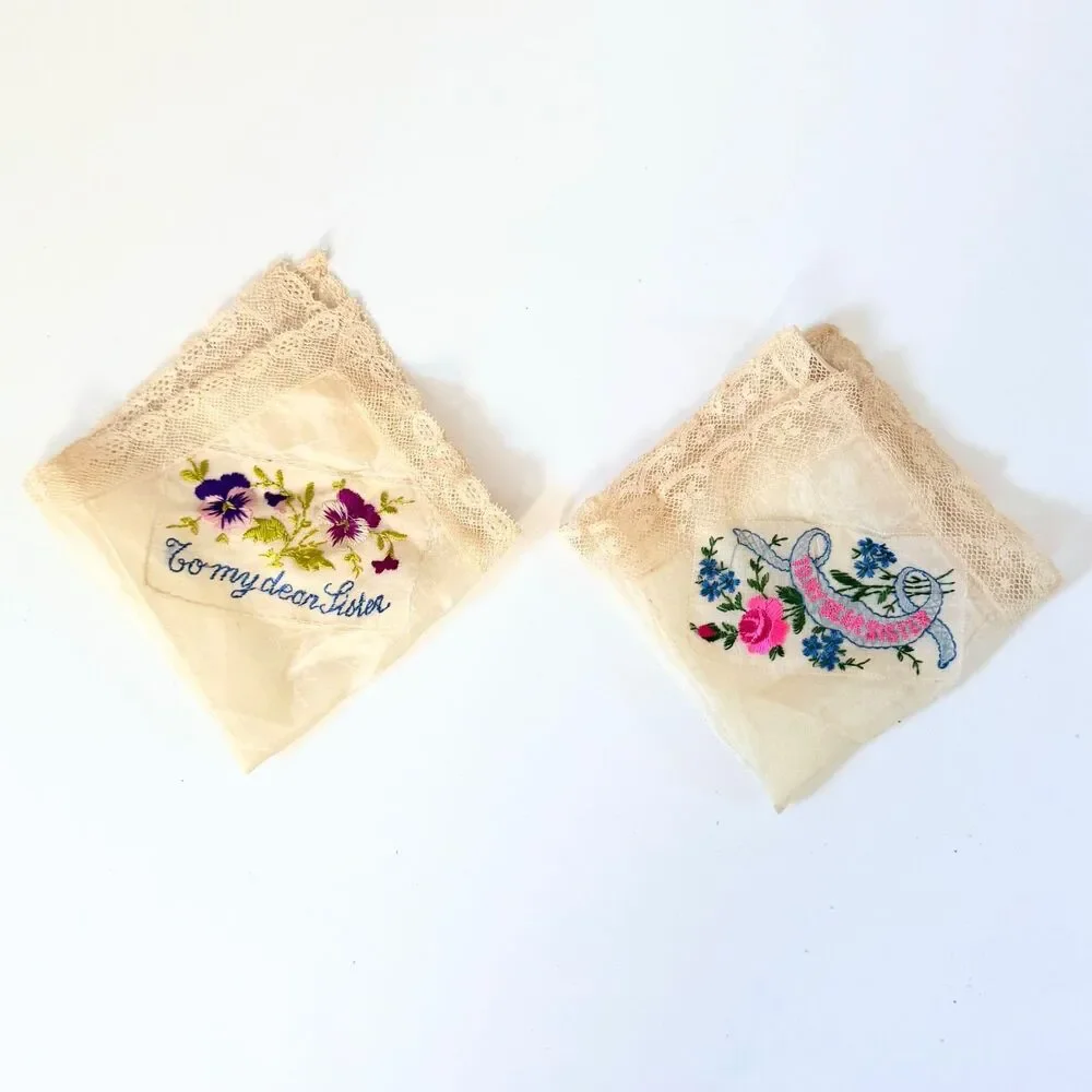 Vintage Embroidered Sister Handkerchiefs Pair Floral Lace To My Dear Sister